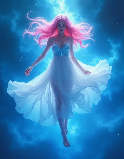 In an blue nebula is an ethereal woman, her bright pink hair, she wears light white dress with blue. 