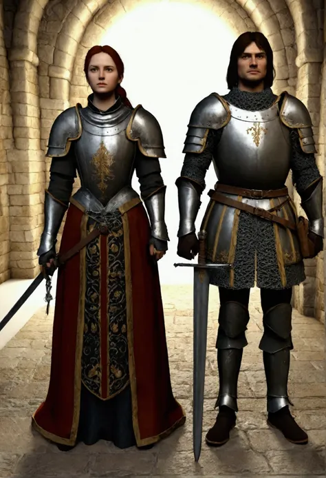 3d model of a full-length man in identical medieval armor and with a sword in hand, a man and a woman both look at us and stand right a meter apart