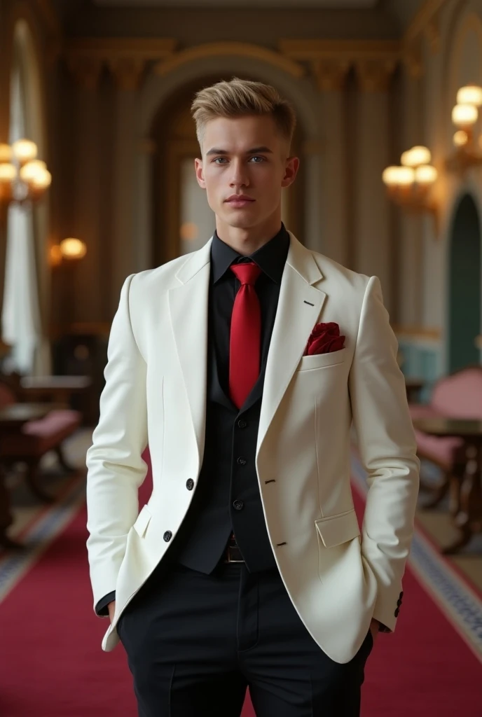 20yo italian-australian male, blonde crew cut hair, brown eyes,white blazer, black button down shirt, red tie, in a castle room 