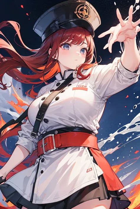 1girl, standing portrait, Central Focus, Centered, Fully in-frame, Solo, Standing still, zoomed out, Chubby, Fat

Gender: Female

Appearance: chubby chef girl with auburn hair and a chef hat wearing a 5-star chef outfit and a jacket with volcanic patterns ...