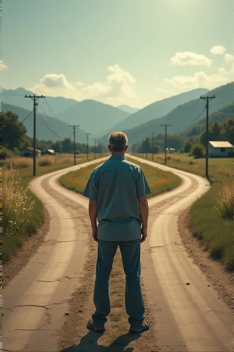 Generate a picture of a man standing on a place where two road diversed and he was confused to choose one of them.