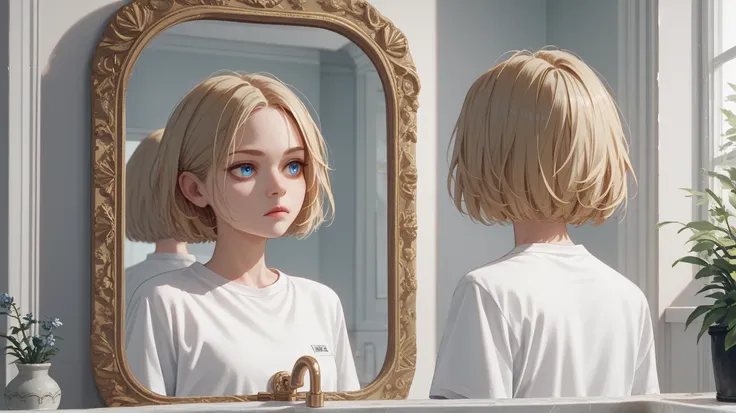 1girl, short blonde hair,  blue eyes, wearing plain white shirt, looking at a mirror, absurdres, high res, ultrasharp, 8K, masterpiece,  villain look