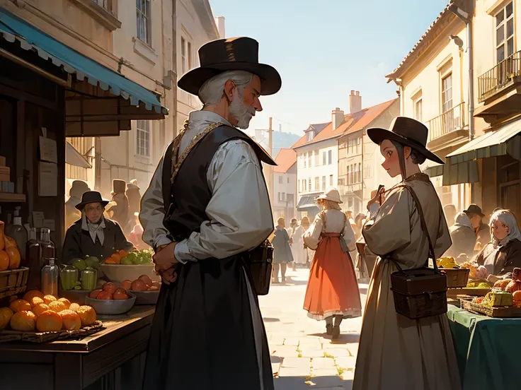 Market scene in an 18th century European city.  People dress in a traditional way, warm colors, Soft afternoon light 