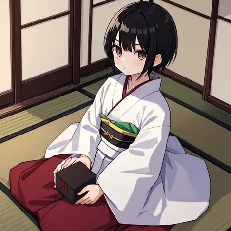 Boy holding a big box with both hands、solo、White simple kimono 、Black Hair、Bobbed hair、Dark Eyes、About  、Sitting on tatami、