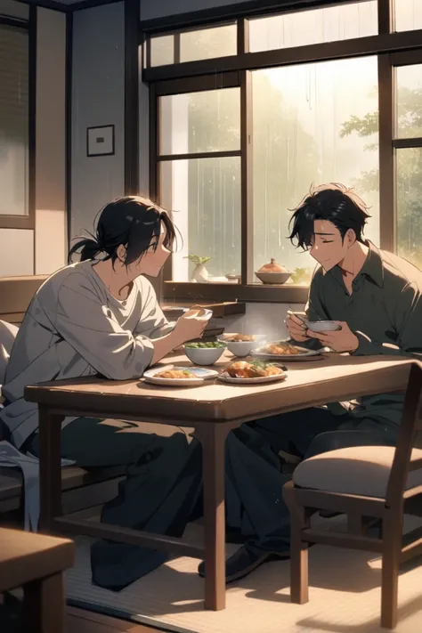 Two Asian men sit together, sharing a meal in a cozy room. Outside, rain falls softly, visible through large windows, adding a peaceful touch. The room is simple and warm, with just a few dishes on the table, capturing an intimate, loving moment between th...