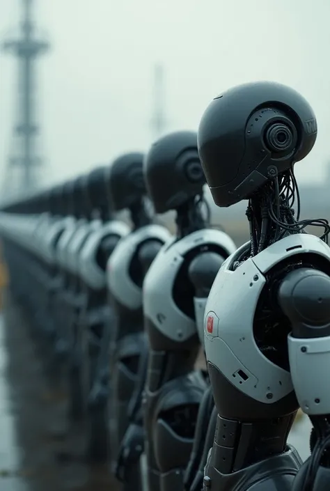 a fleet of men and optmus humanoid robots, interspersed next to each other, in a line, on the industrial background