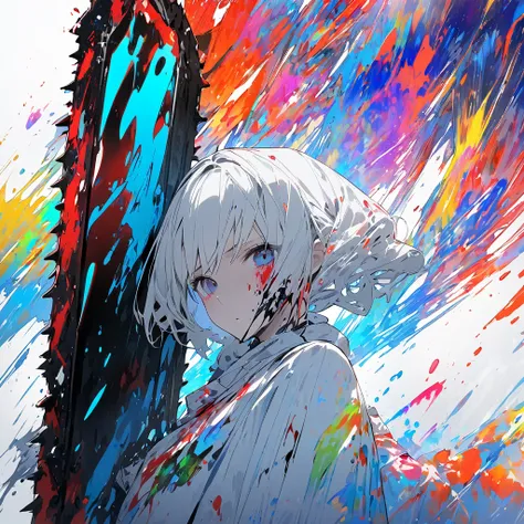 (masterpiece, Best Quality),girl holding a chainsaw, Bleeding on cheek,  staring at viewers, The arm is a robot, (( 1 girl)),Alone, White background,  Floating Colorful Water,(2D:1.5)