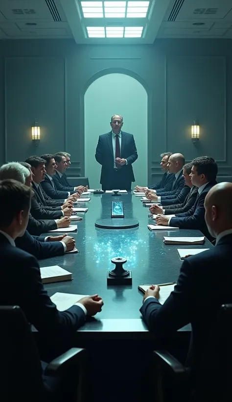 The image now focuses on a wider scene, portraying the pharmaceutical industry as a powerful and imposing force, capable of shaping decisions that affect millions of people. In the center of the scene, one can see a large corporate conference table, surrou...