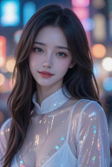  Beautiful Virtual Idols  ,  Detailed Digital Avatars  ,  Bright Holographic Figures ,  Translucent Iridescent Skin  ,  detailed facial features  ,  charming smile , Slightly upturned eyes , Delicate expression ,  Long flowing hair,  Elegant Poses  ,  Surr...