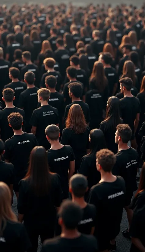 // Prompt 1 - Vista aérea da multidão com destaques nos grupos de votação e abstenção

An ultra-realistic, 32k aerial view of a large group of people wearing black shirts labeled "PERSONAL," representing the CREF-10/PB election turnout. The image highlight...