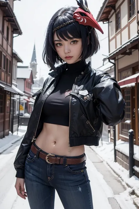 1girl, (long sleeved turtleneck wool sweater, long jeans, iron belt), ((midriff, navel)), looking at viewer, photo pose, old german town, (cinematic lighting, masterpiece, high details, best quality, highres, HD, 4K, 8k, super detail), (kujou sara:1.3, mas...