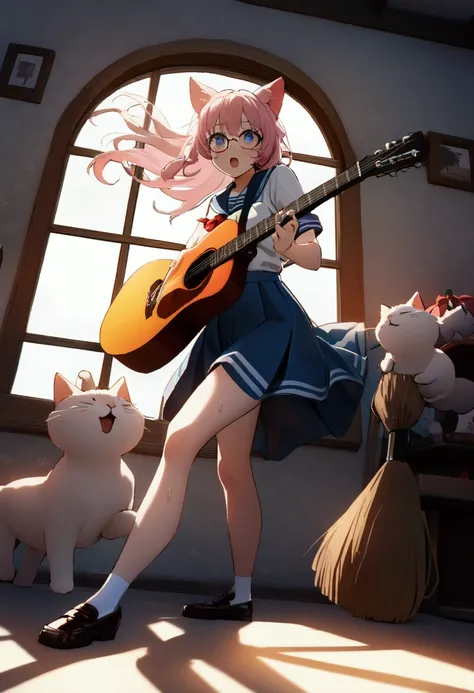 1 Female( is playing the guitar((The guitar is a broom :1.5)),  high school students,Intense movement,( Dynamic Action :1.3),Long Hair,Hair color is black,High Jump, floating hair ,Hair dancing wildly, Flowing sweat, the shining sun , sailor suit, Loafers,...