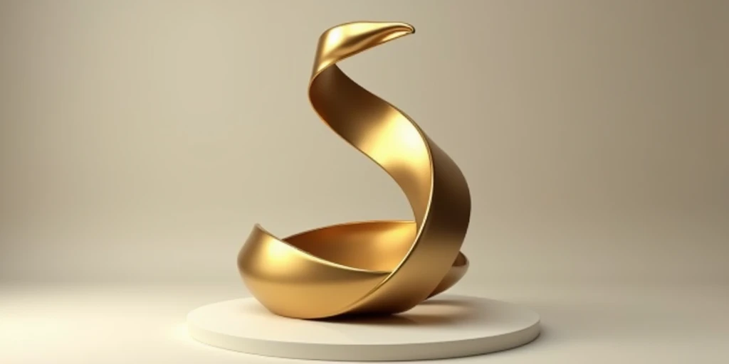 golden metal ribbon in a shape of snake, bahaus stype , From the bottom up, ((Dynamic)), decorative,  artwork, masterpiece, HDR
