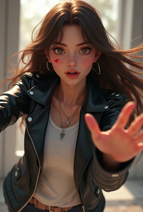      A style that combines realistic depiction with the subtlety of animation、 20歳くらいの長いBrown Hairの女の子  、   and {x} is wearing a black leather jacket  、   knit a white t-shirt on the inside     、RED HIGH HEELS、  Brown Eyes  、Brown Hair、Heart mark on the ch...