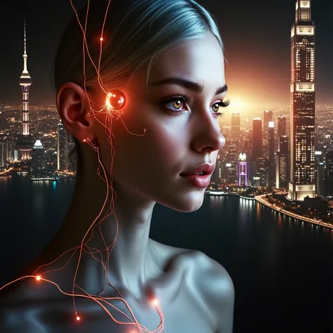 a beautiful russian girl on the right side of the picture, cleavage, cyberpunk city background, half of her face shows glowing wires like a terminator, (best quality,4k,8k,highres,masterpiece:1.2),ultra-detailed,(realistic,photorealistic,photo-realistic:1....