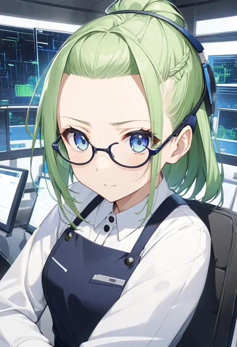  Group 3 Operator  "Shinonome･Miyuki "(Shinonome･ miyuki ) , Hairstyle:Green hair with straight forehead hair  （(Forehead hair with only bangs pulled back)）,  wearing a white business shirt and dark blue business tight skirt ,  headset , Both eyes are hidd...