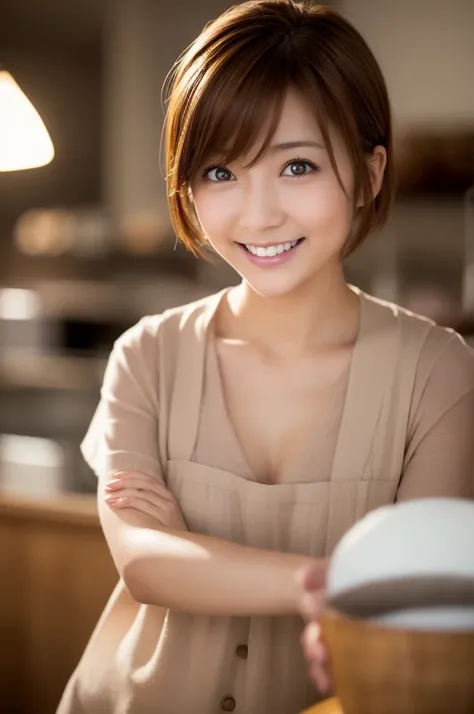 (8k, RAW photo, photorealistic, HQ, masterpiece), a cute Japanese woman, (glowing eyes), 
(light smile ), brown hair, Pixie Bob hair, (Female bakery clerk), dynamic pose, blurred background, depth of field, natural lighting, backlighting, face lightning, 