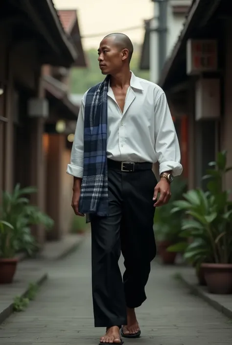 Japanese Man , 20 years old, muscular body,Bald headed,wearing a white Muslim shirt,wearing black formal trousers ,wearing flip flops, walking, (background of small Indonesian alley), evening atmosphere,Wearing a checkered sarong scarf with variations of b...