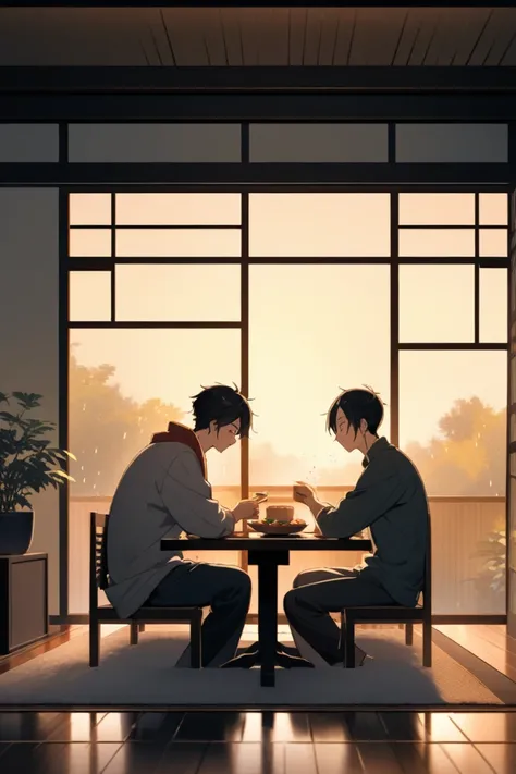 Two Asian men sharing a cozy evening meal together indoors, with rain falling softly outside large windows. The room is warm and simple, creating an intimate, peaceful atmosphere.