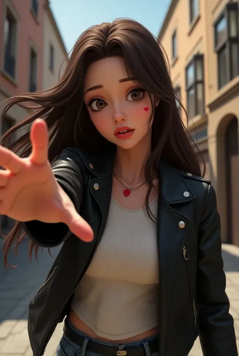      A style that combines realistic depiction with the subtlety of animation、 20歳くらいの長いBrown Hairの女の子  、   and {x} is wearing a black leather jacket  、   knit a white t-shirt on the inside     、RED HIGH HEELS、  Brown Eyes  、Brown Hair、Heart mark on the ch...