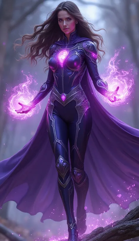  full-body shot of a superhero called Amethyst Sorceress, inspired by a mix of magic and reality-warping powers. She wears a deep purple and silver suit with intricate arcane symbols and glowing amethyst crystals scattered across her chest, arms, and shoul...