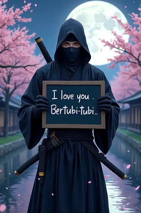 A Japanese ninja complete with ninja clothing, complete weapons and attributes is holding a blackboard with the words written on it "I Love You bertubi-tubi". Background near the river, bright moon at night, many cherry trees are in bloom, there is a tradi...