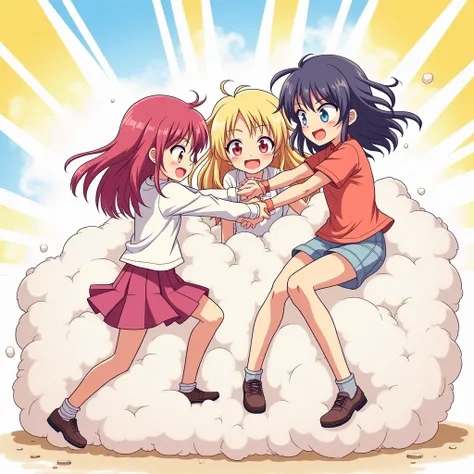 An anime-style comic depicting many girls playfully wrestling with each other inside many comical fight clouds(dust cloud).
each girl has different  colored hair.
their faces,hands,and feet are visible emerging from the cloud as they tussle humorously,  wi...