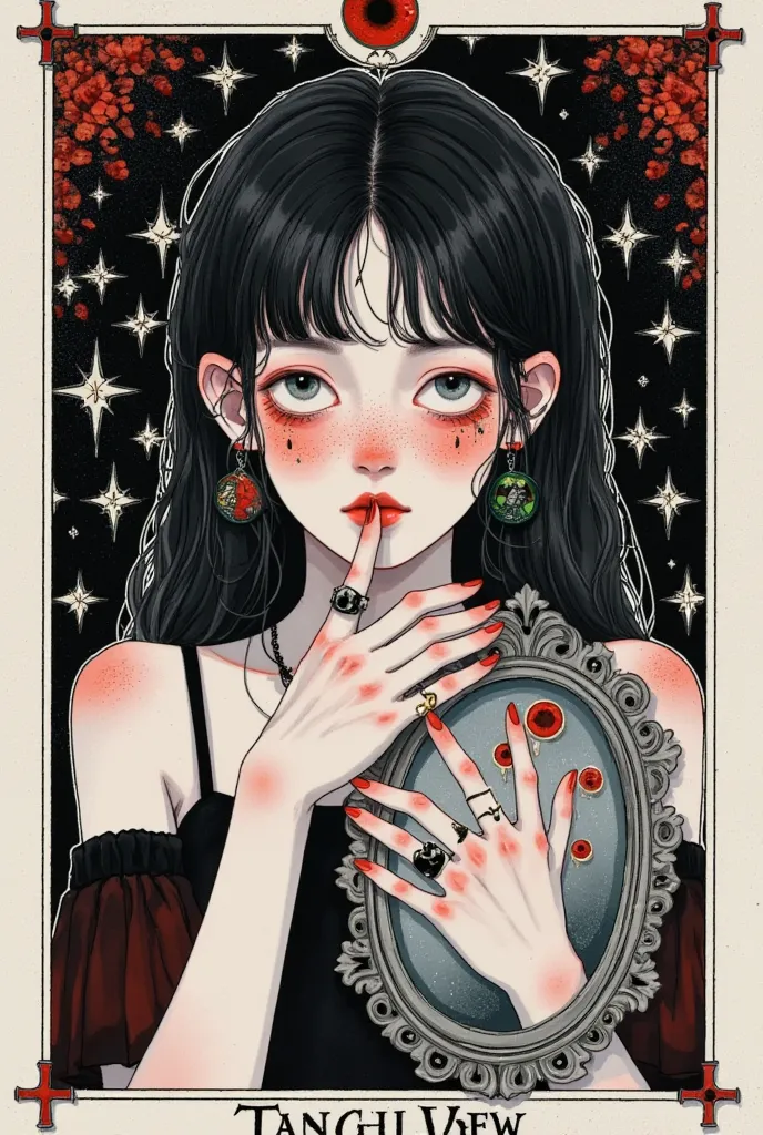 a girl with tear in mirror, dark gothic tarot card, stars curtain border, watercolor art, head tilt, bangs, upper body, ring, da...