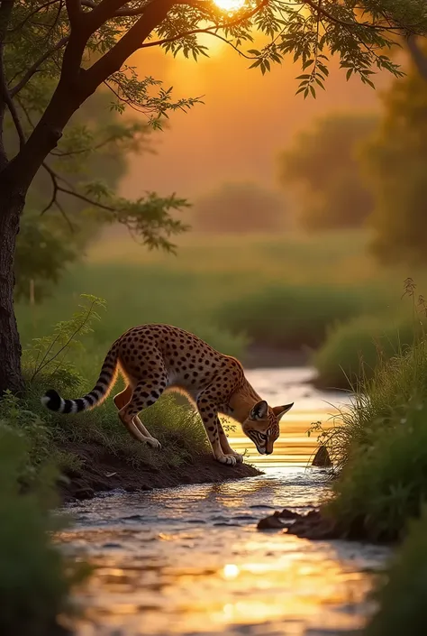 Wildlife photography taken with a Nikon Z 6II camera with a Nikon NIKKOR Z 400mm f/2.8 TC VR S lens, rare shot of a Leptailurus serval Is Was under a tree and drinking water from a small river in the South Tanzania Serengeti savanna as the sun begins to se...