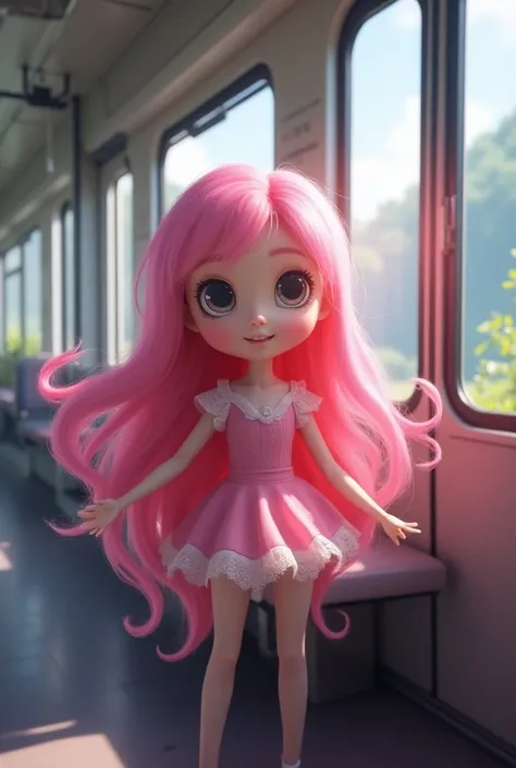 Pretty and cute pink three-haired girl who cant fum on the train