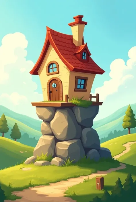  Create an image of a house built on the rock referring to the parable in Matthew 7:24 in cartoon format  