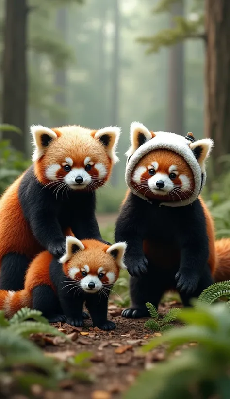 Real red pandas wearing real panda costumes