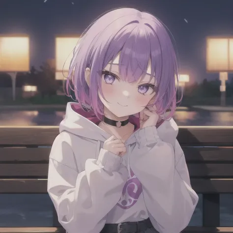  1 girl, Purple Hair, Bob Hair,  Medium Chest , black hoodie ,simple design hoodie, denim skirt, black choker,Black belt,Slanted Eyes,Light purple eyes, Blushing ,  close your mouth,joy, seductive smiles from all around, bench wiping the tide,Put your hand...