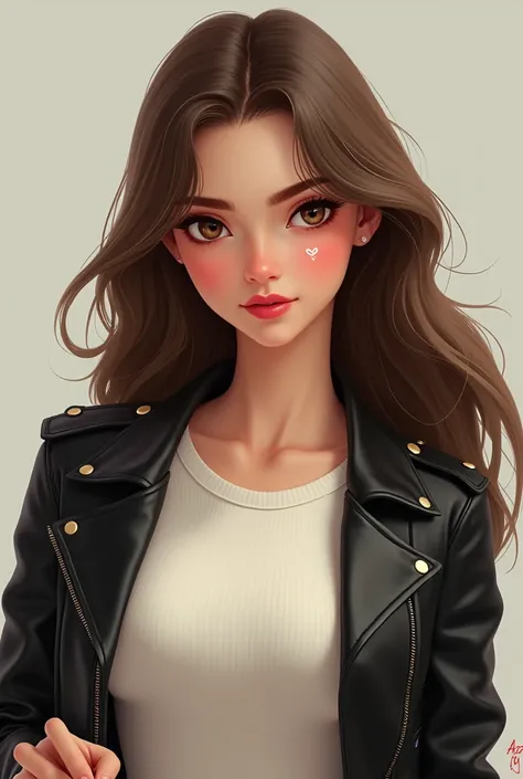      A style that combines realistic depiction with the subtlety of animation、 20歳くらいの長いBrown Hairの女の子  、   and {x} is wearing a black leather jacket  、   knit a white t-shirt on the inside     、RED HIGH HEELS、  Brown Eyes  、Brown Hair、Heart mark on the ch...