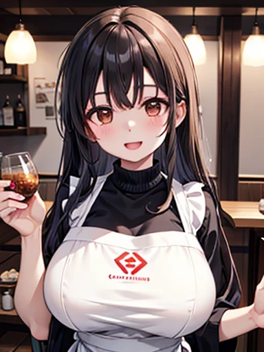  Woman portrait ,20 years, upper body,jeans、apron、シロ色shirt、Ｔshirt、sweater　Clothes, Restaurant, Movie Lighting, Brown Eyes 、smile、、 beautiful neat hair、Straight、apron、apron、 Very Big Breasts、 long black hair 、