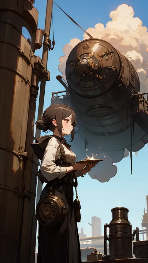  Hi-Res,  1 girl,  girl with a steampunk motif、Add goals 、 intricately designed steampunk outfits、blue sky、 smoke coming out of a machine shop 