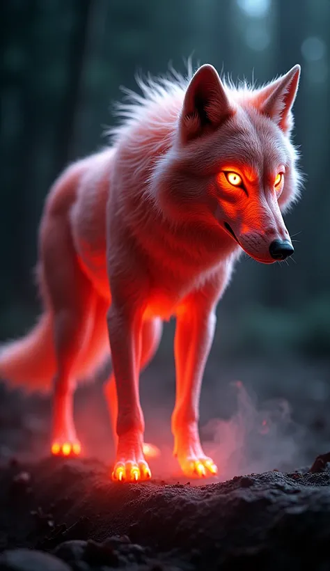 A translucent, red-glowing fantasy wolf with an ethereal aura, set against a dark, ominous background that evokes a sense of foreboding, its transparent fur glistening with a subtle, luminescent sheen, as if illuminated by an otherworldly moonlight, its ey...