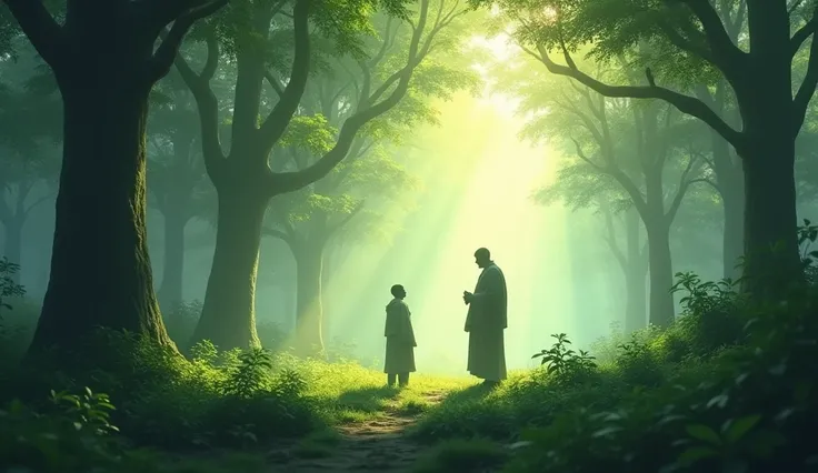 

2. Image 2 - Reflective Moment in the Forest: "A view of the forest with the guru and disciple in the distance, showing them as small figures amidst natures vastness, symbolizing humility and the idea of letting go of ego. Soft sunlight filters through t...