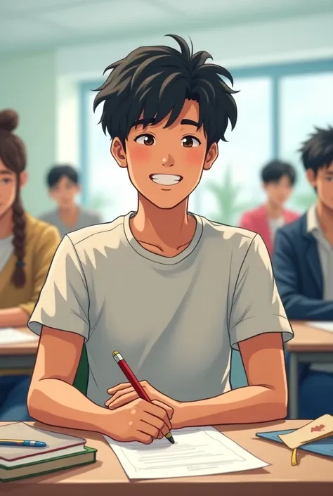 a manhwa boy where a student is finished and happy after answering the exam