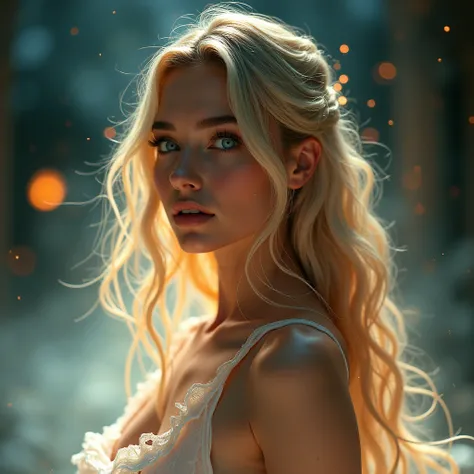 a sensual and provocative blonde woman with luminous adornments in her hair, dressed in a transparent tunic, possessed by a feminine ghost that radiates sensuality, detailed face, detailed eyes and lips, long eyelashes, beautiful skin, elegant pose, flowin...