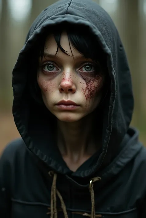  Ugly oriental girl with a deformed face full of warts and sores, Very thin, wearing dirty old black hoodie and cloaks , dystopian future, fallout future