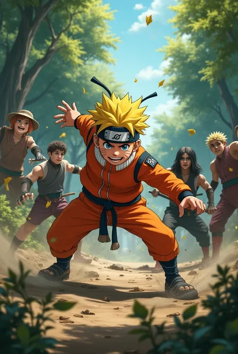 Naruto fighting with ninja and huck in the background 