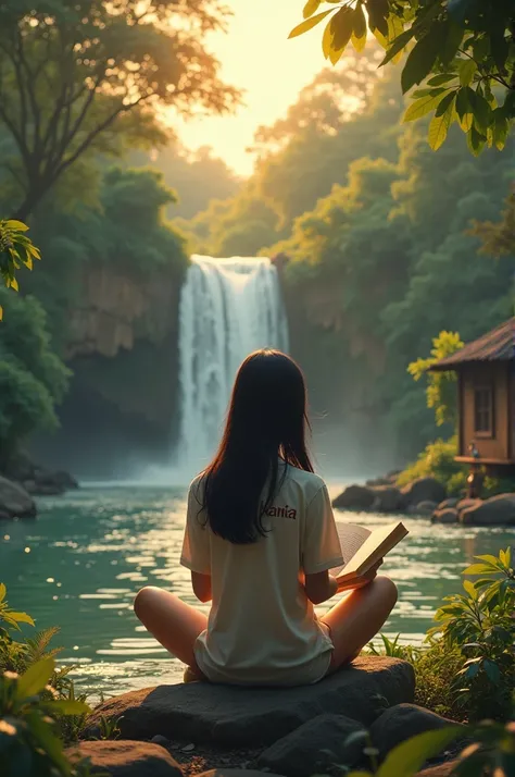 Full body epic realism ,front view camera,A Indonesian girl, reading a book on a rock near a river , wearing a shirt that says "kania " with long black hair, looks at a waterfall ,,tree,ultra hd photo quality,real,sharp. looks simple house old zinc brick w...