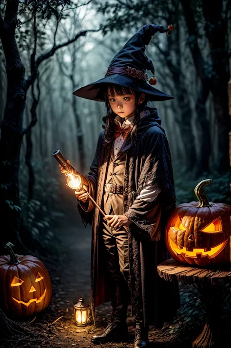 "Young Wizard,  Halloween Night、 Im holding a flashing torch next to a mysterious pumpkin and Im wearing the finest costume ,  Halloween Night、I have a flashing torch next to a mysterious pumpkin .  magical forest ,   with a magical atmosphere ,   Fascinat...