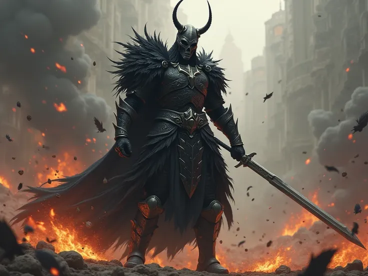  a warrior in black armor with feathers on his left shoulder a skull helmet with sword and s, Surrounded by enemies behind him burns and exblodes everything 
