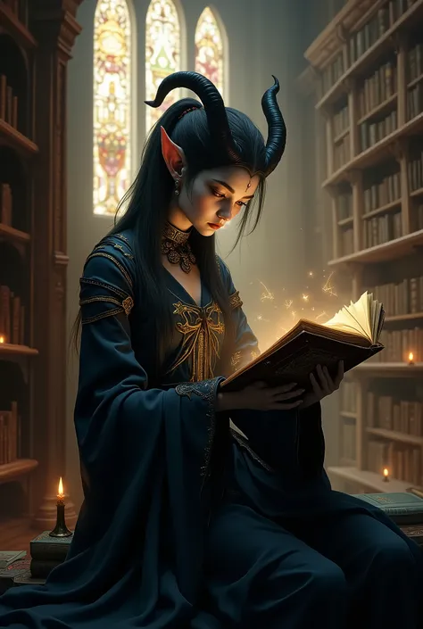 Thiefling mage (female grey skin) reading a book in a fantasy library