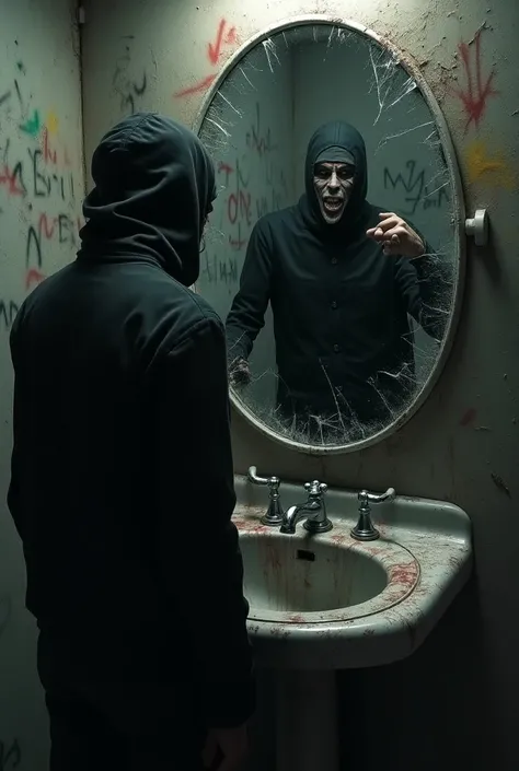 
A man stands in a dark, dirty room full of graffiti with a hood on . You only see him from behind .  He is leaning on a sink with his hands and in front of him is a completely broken mirror . There is another man in the mirror without a hood but with a ba...