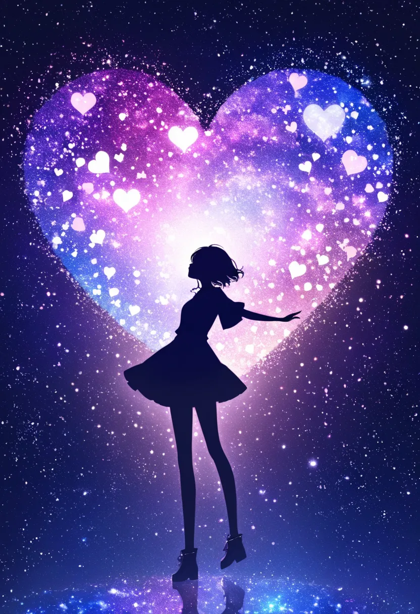 ((   glitter))、Shine絵 、  one woman,Black silhouette, galaxy silhouettes ,シルエット内部がShine, Imaginary,grow up,  lots of hearts ,Shineハート,White ,Shine ,pink,Unity,  光がShine  ,    visible from afar 