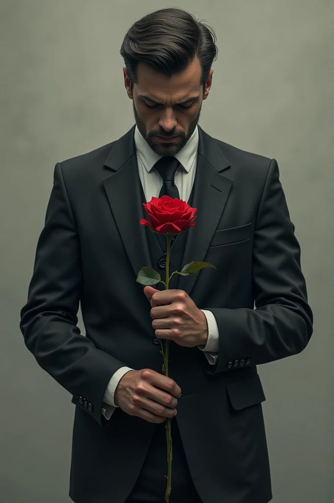 a man with rose standing sad with suit