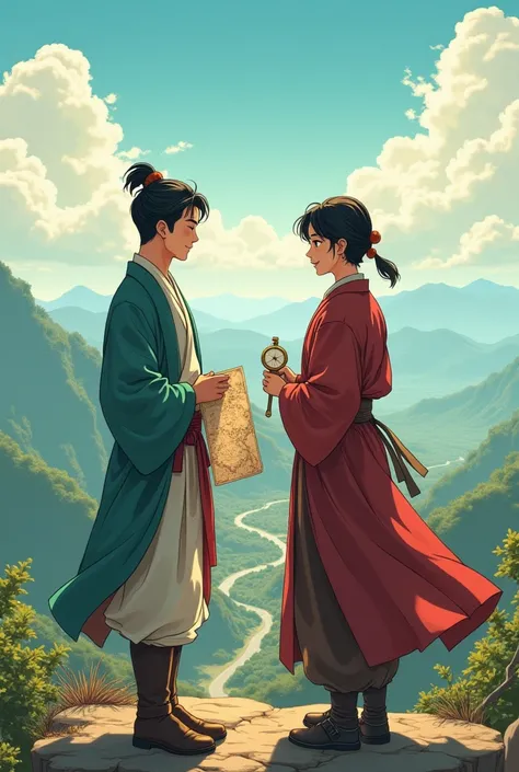 Panel 3:
Visual: Yu a Japanese prince appears next to Doy, the korean cutie guy that holding a comoass standing on the hill looking at the horizon, yu is smiling and holding a map that connects different eras.  landscape MANGA ANIME make them more handsome...